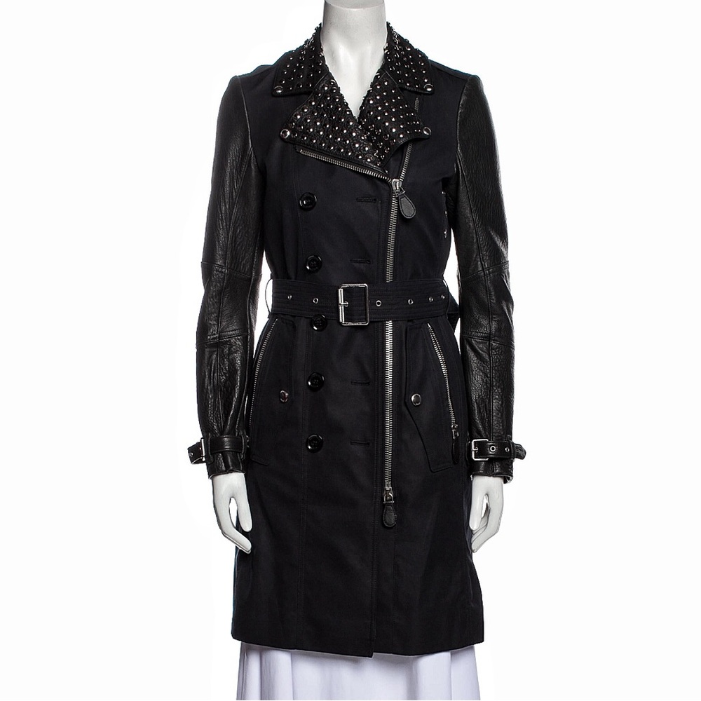 Burberry Black Leather Trim Trench Coat with Studs Size: 4 US / 38 IT